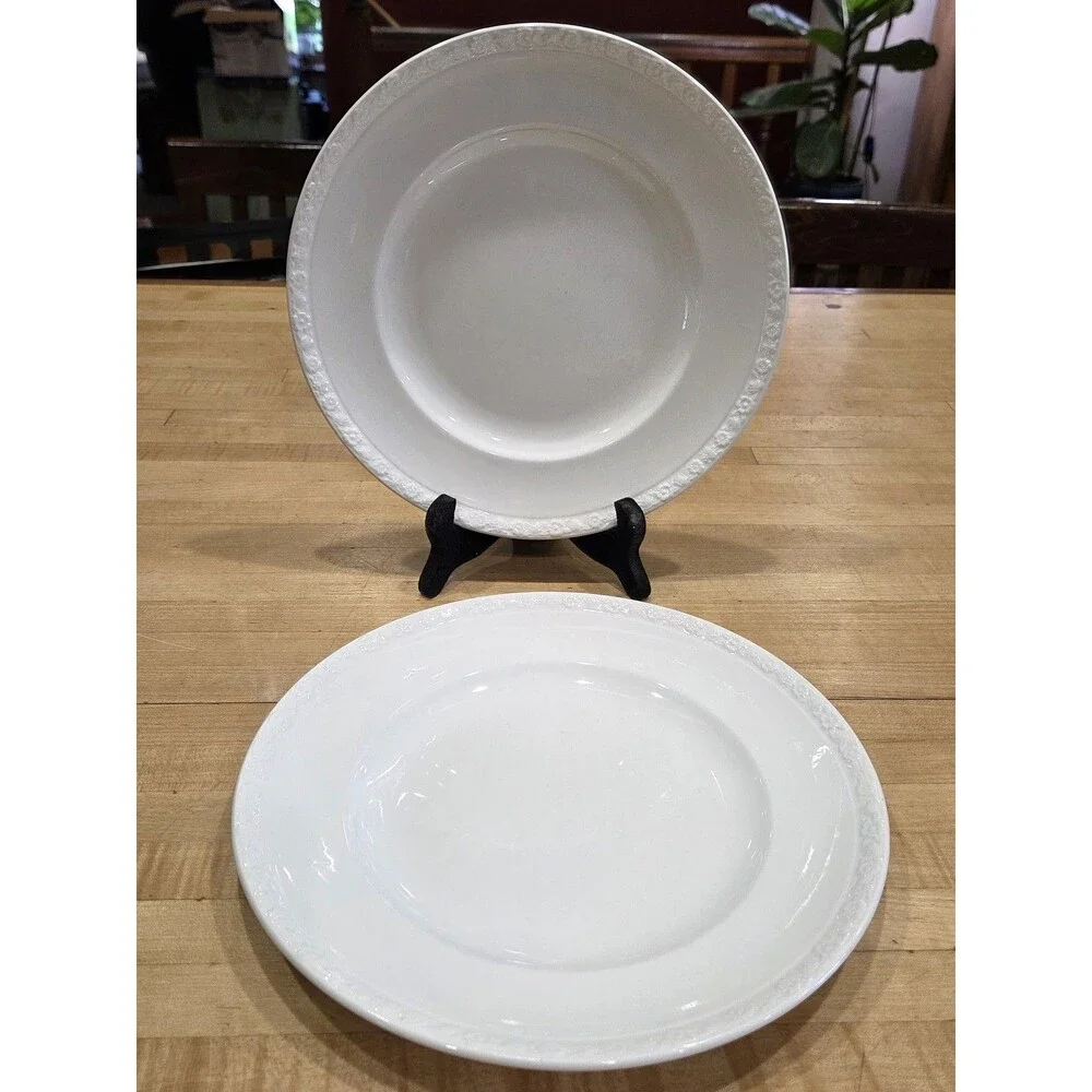 Vintage Enoch Wedgwood Tunstall White Ironstone Plates Set 2 Raised Fruit Rim